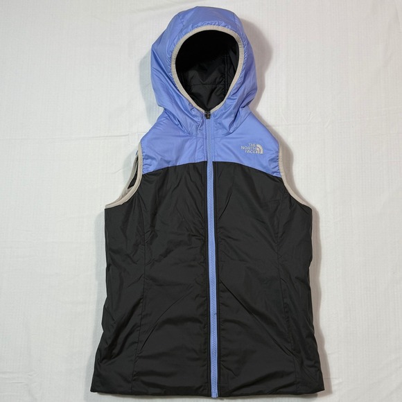 The North Face Reversible Hooded Vest Womens Small Black Blue Fleece Insulated - Picture 1 of 7